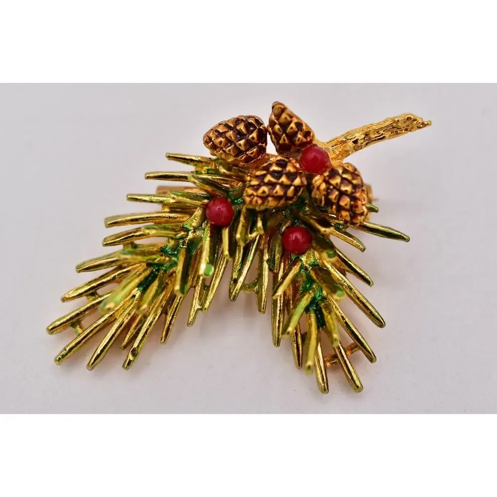 ART Vintage Christmas Pinecone Brooch Gold Red Berry Evergreen Branch Pin BinBI